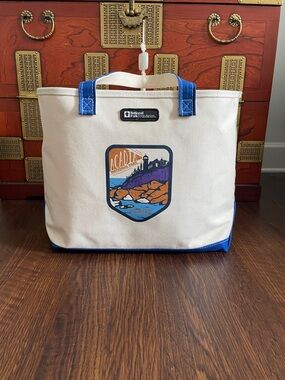 L.L. Bean Cream Canvas Tote with Blue Accents